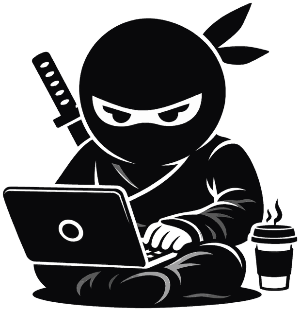 Kumo at work on a laptop with a coffee
