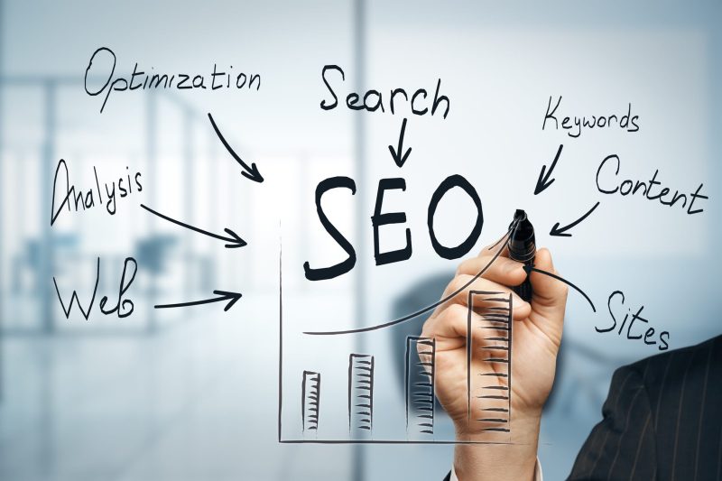 Illustration of streamlined SEO process with icons representing keyword research, automation, and content optimization.